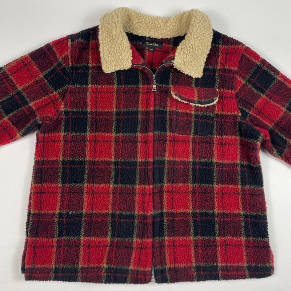 Vintage Red Plaid Fleece W/ Sherpa Collar Fall Winter Warm Boxy Fit Size Medium - Picture 3 of 8